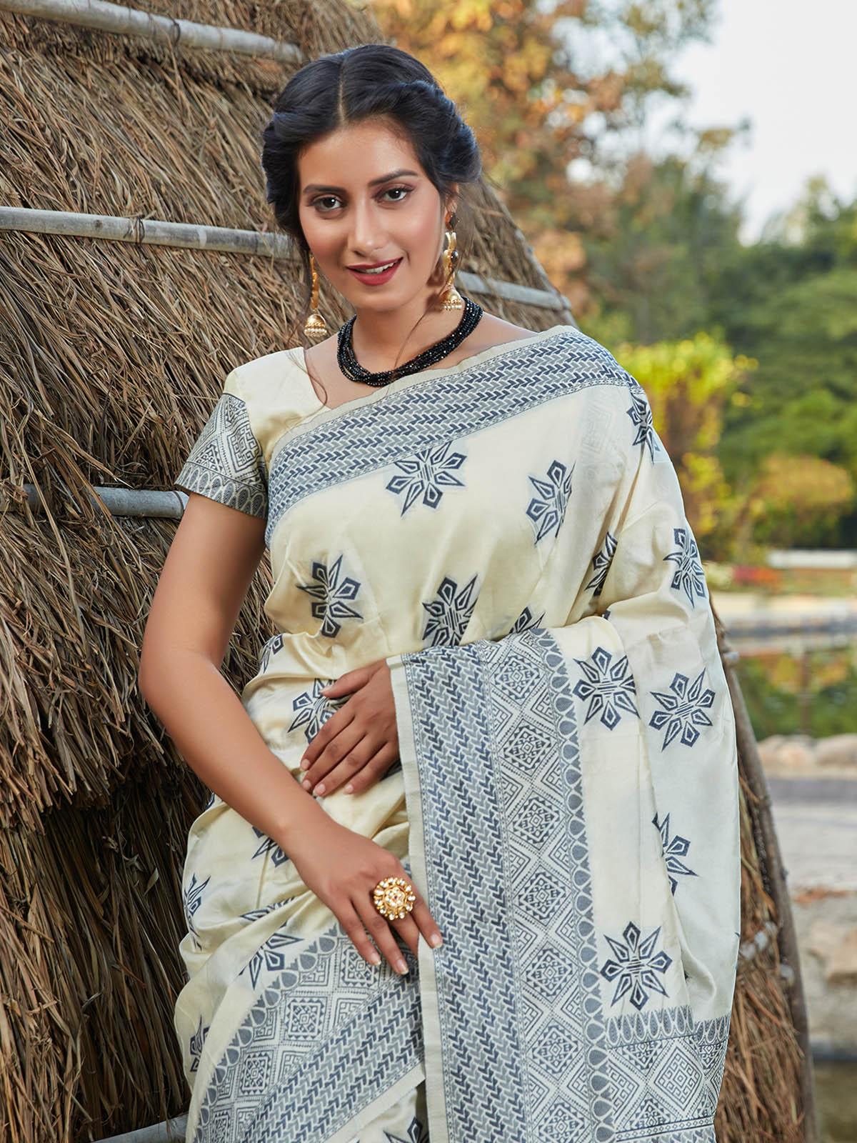 Women's Stunning Woven Off-White Banarasi Silk Saree - Odette
