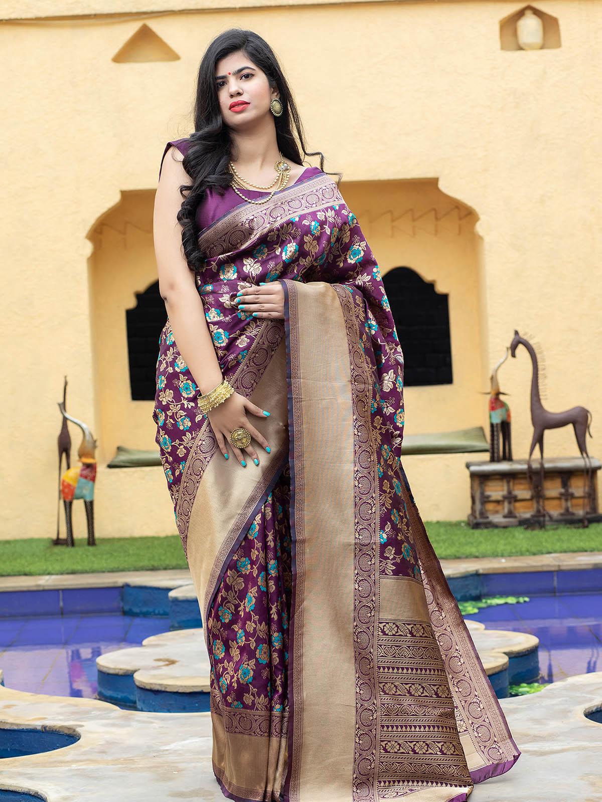 Women's Stunning Woven Purple Banarasi Silk Saree - Odette