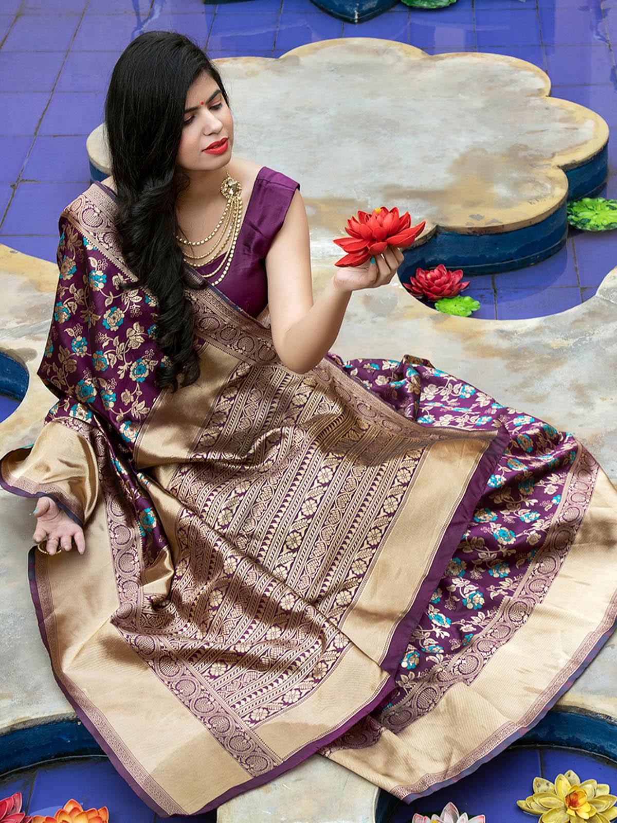 Women's Stunning Woven Purple Banarasi Silk Saree - Odette