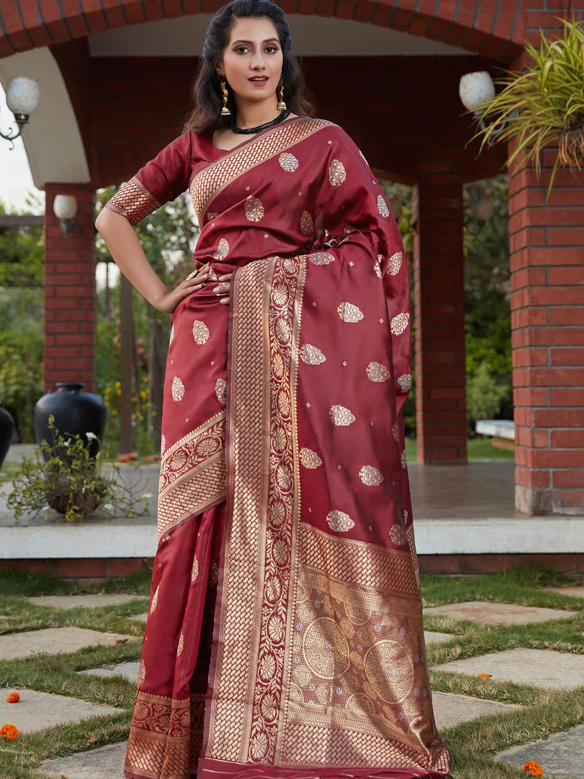 Women's Stunning Woven Wine Banarasi Silk Saree - Odette