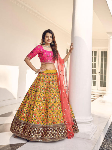 Mustard Yellow Thread Embroidered Lehenga Set With Blouse And Dupatta -  Hijab Online
