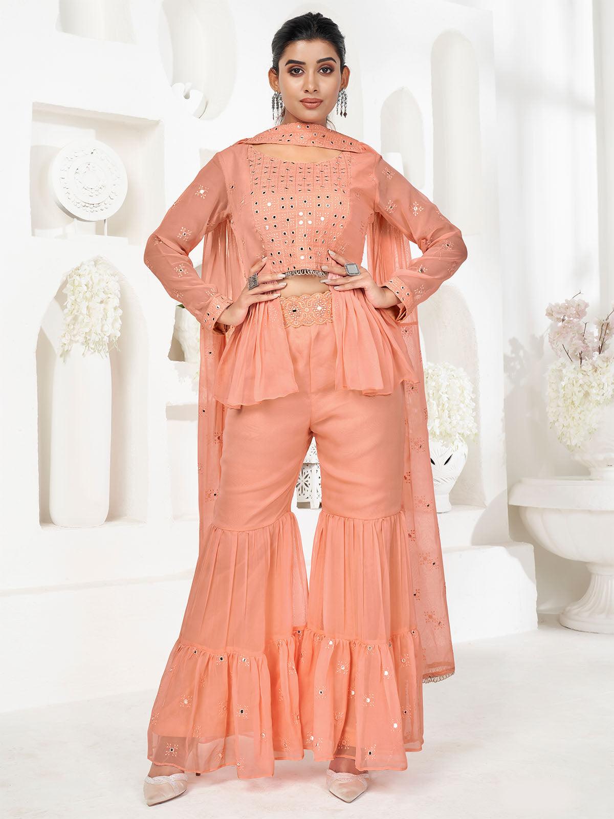 Women's Stylish Peach Sharara Suit Set - Odette