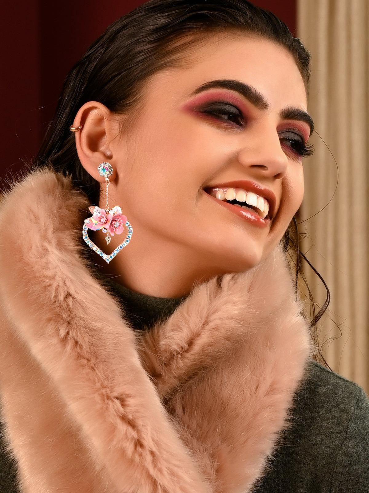 Women's Super Cute Pink Floral Heart Shaped Drop Statement Earrings - Odette