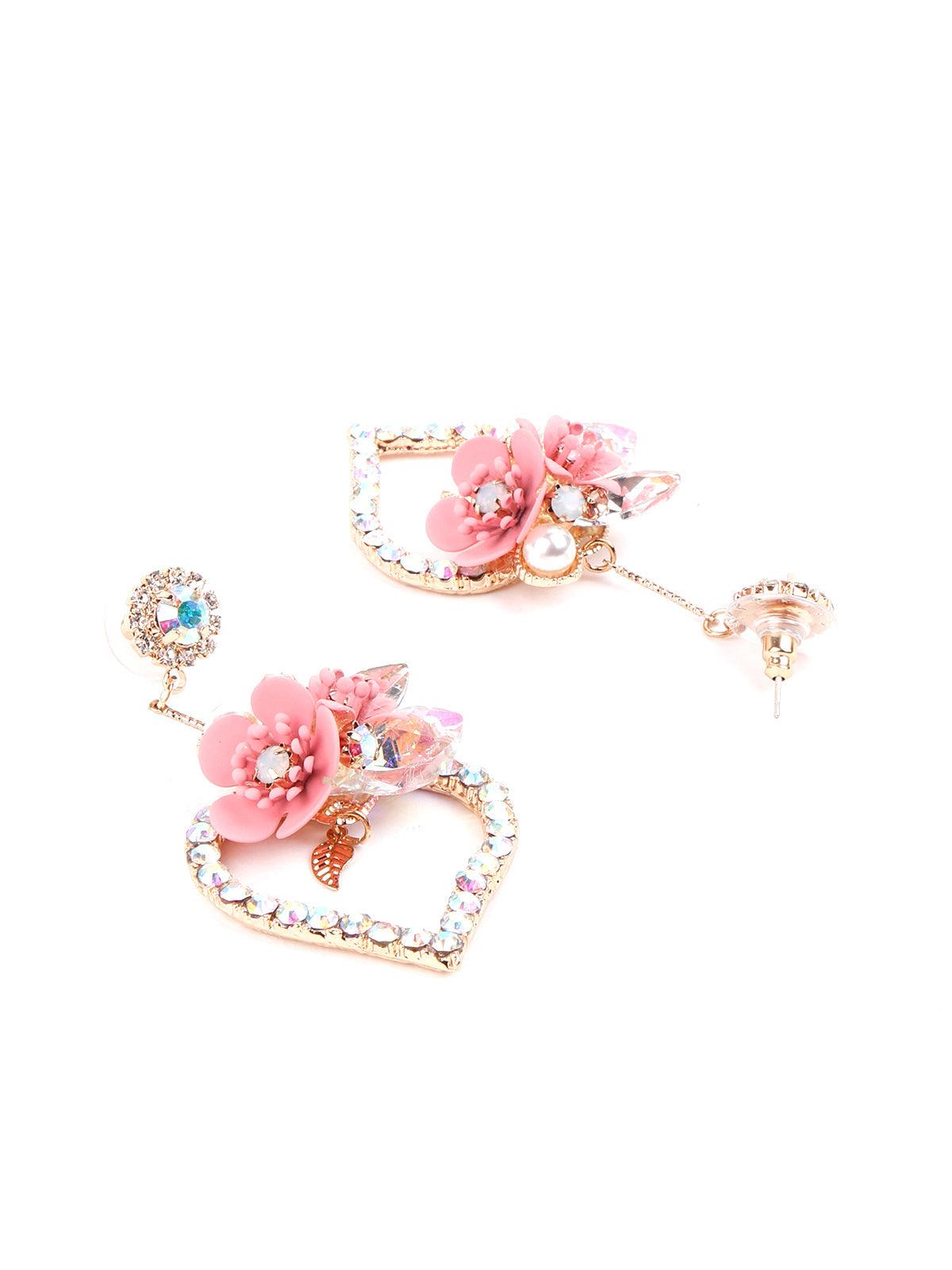 Women's Super Cute Pink Floral Heart Shaped Drop Statement Earrings - Odette