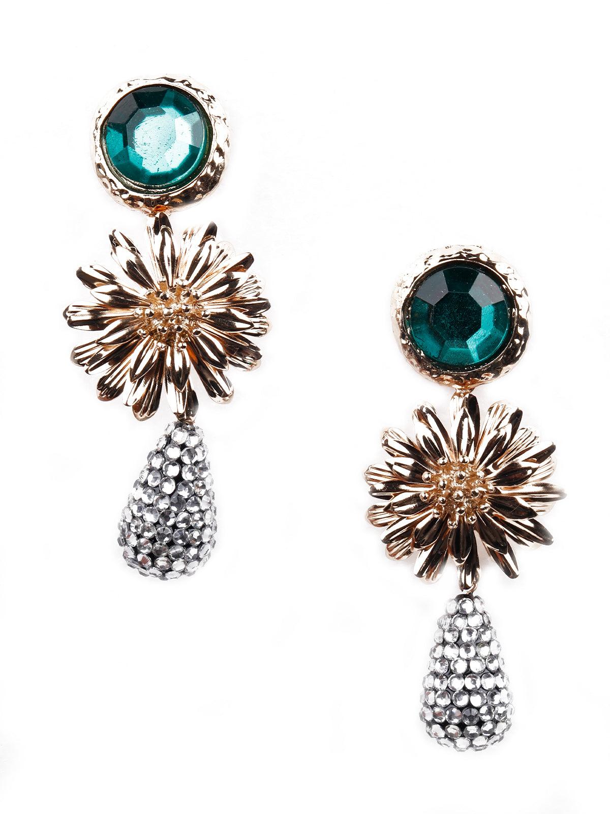 Women's Super Stylish Golden Floral Statement Earrings - Odette