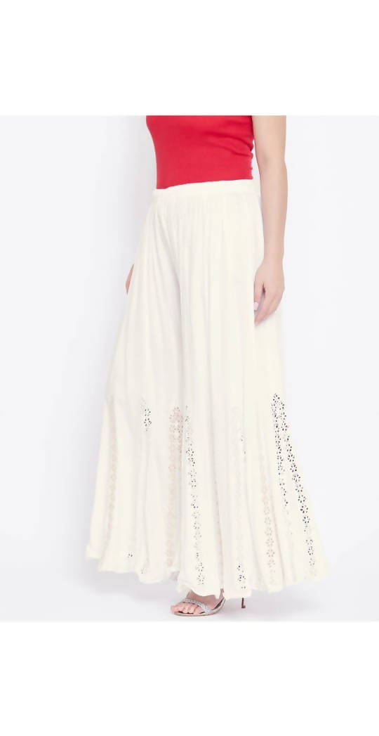Women's Off White Viscose Rayon Flared Palazzo With Mirror Lace Work Mfp037 - Moeza