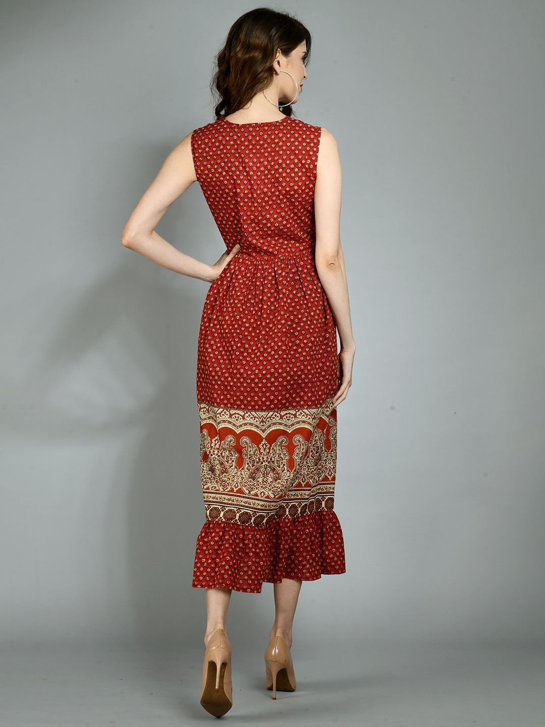 Women's Light Maroon Cotton Printed Sleeveless Round Neck Casual Dress - Myshka