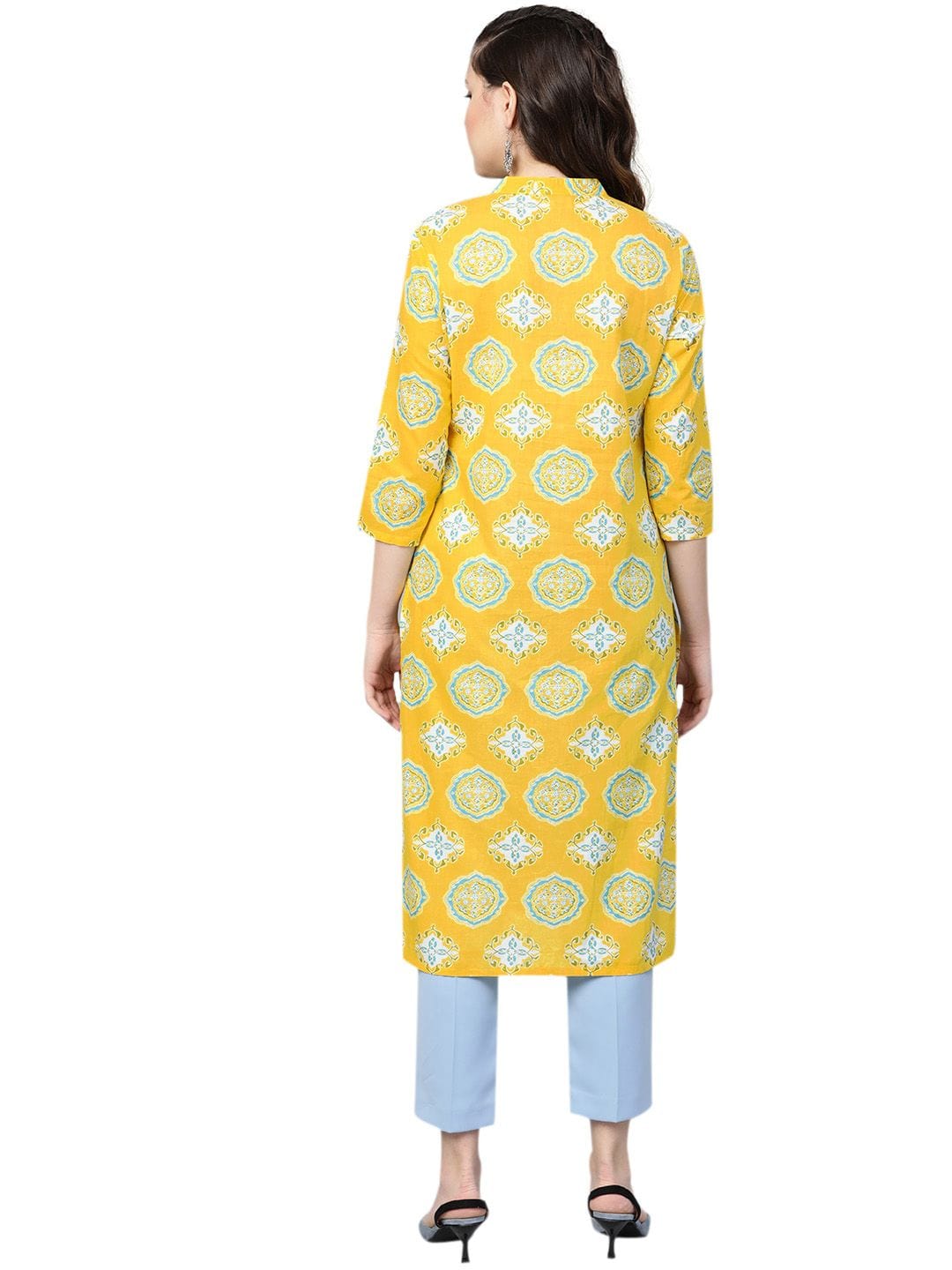Women's Yellow & White Printed Straight Kurta - Varanga