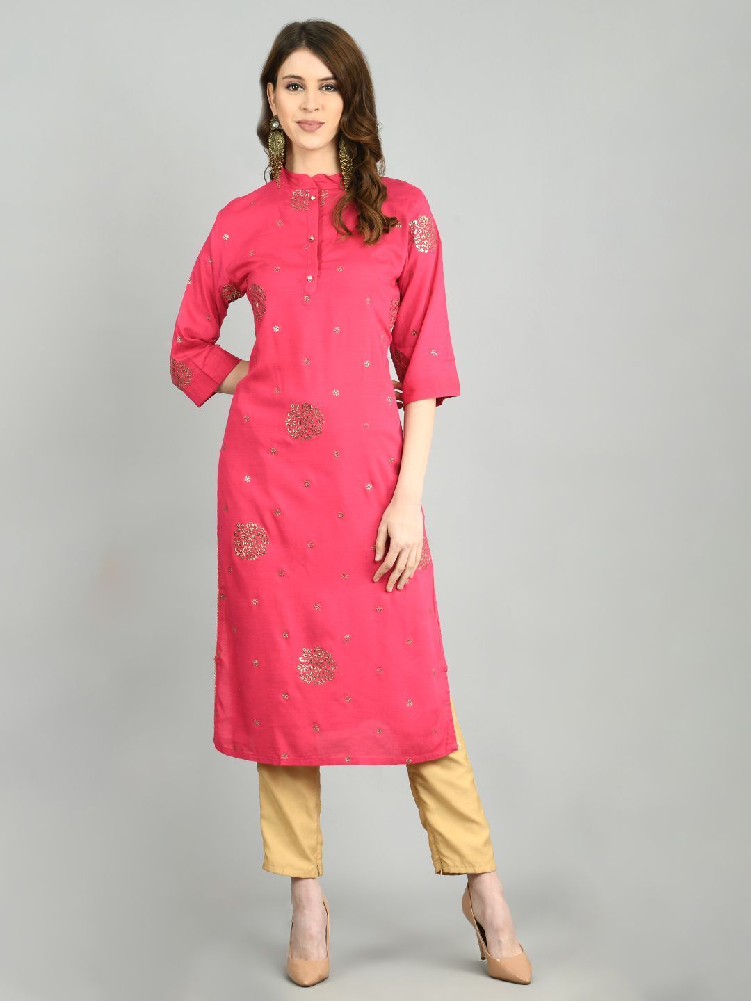Women's Pink Cotton Printed 3/4 Sleeve Mandarin Neck Casual Kurta Dupatta Set - Myshka