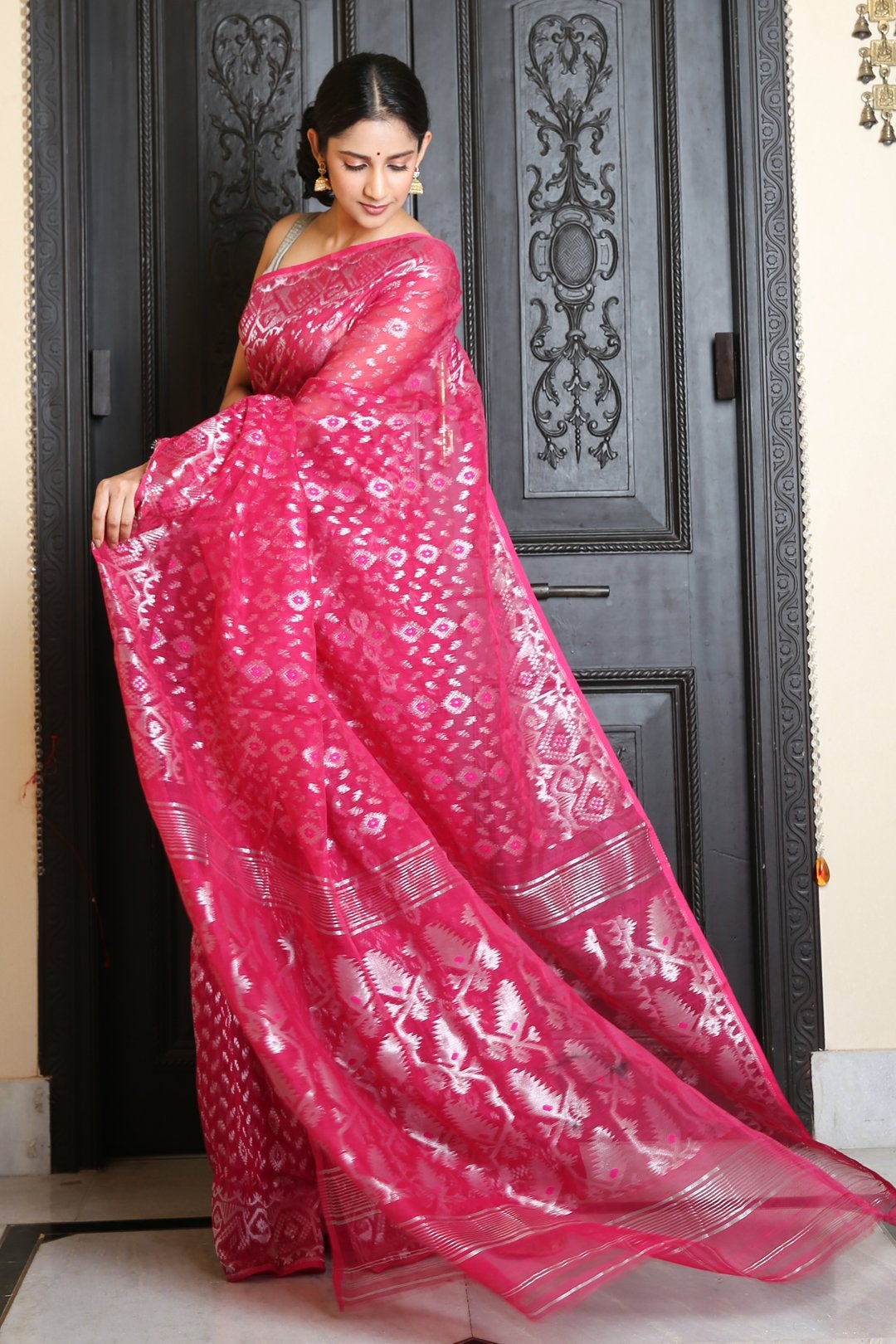 Women's Rani Jamdani Saree With All Over Silver Zari Work - In Weave Sarees