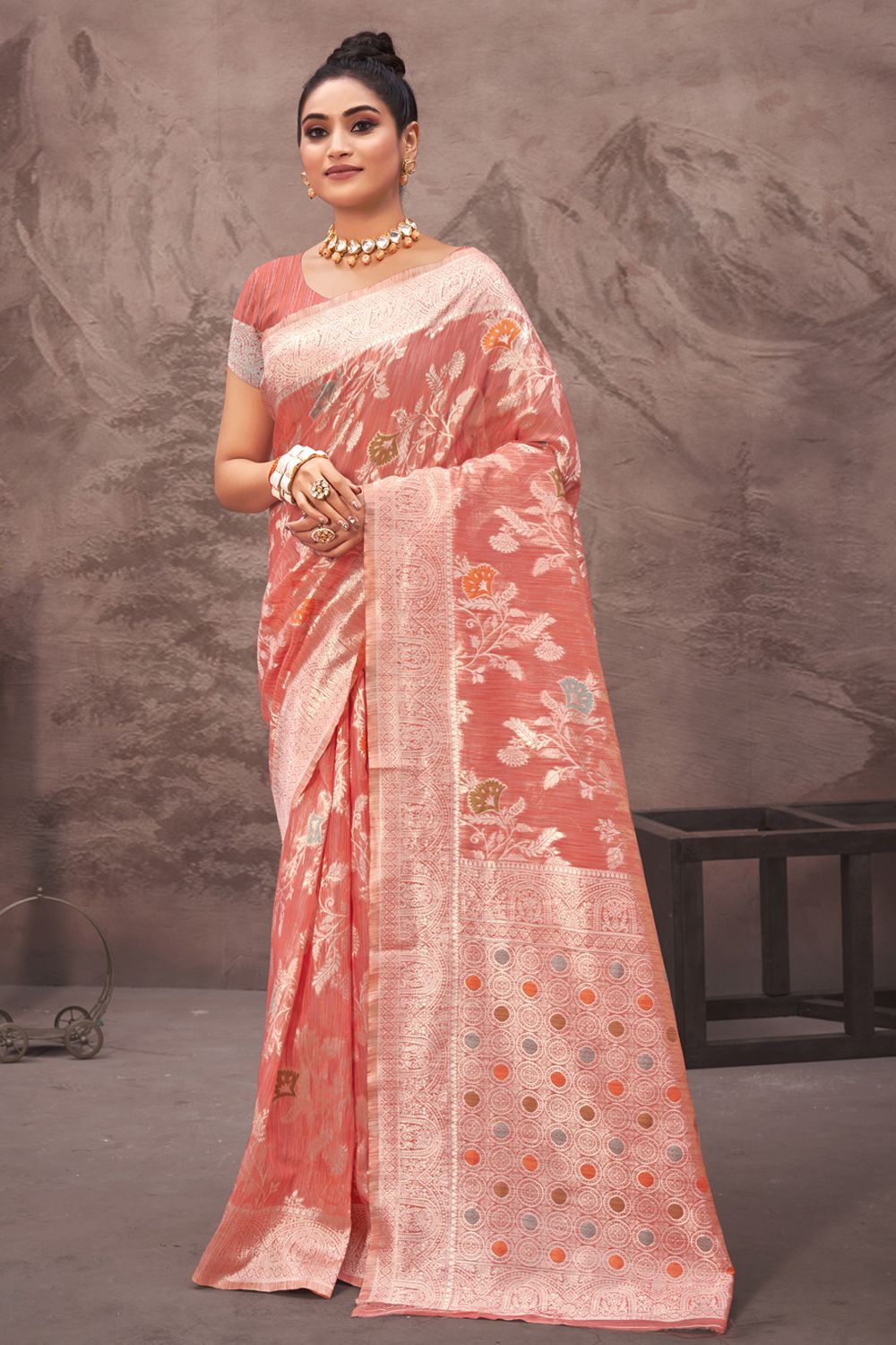 Women's Pink Cotton Silk Woven Zari Work Traditional Saree - Sangam Prints