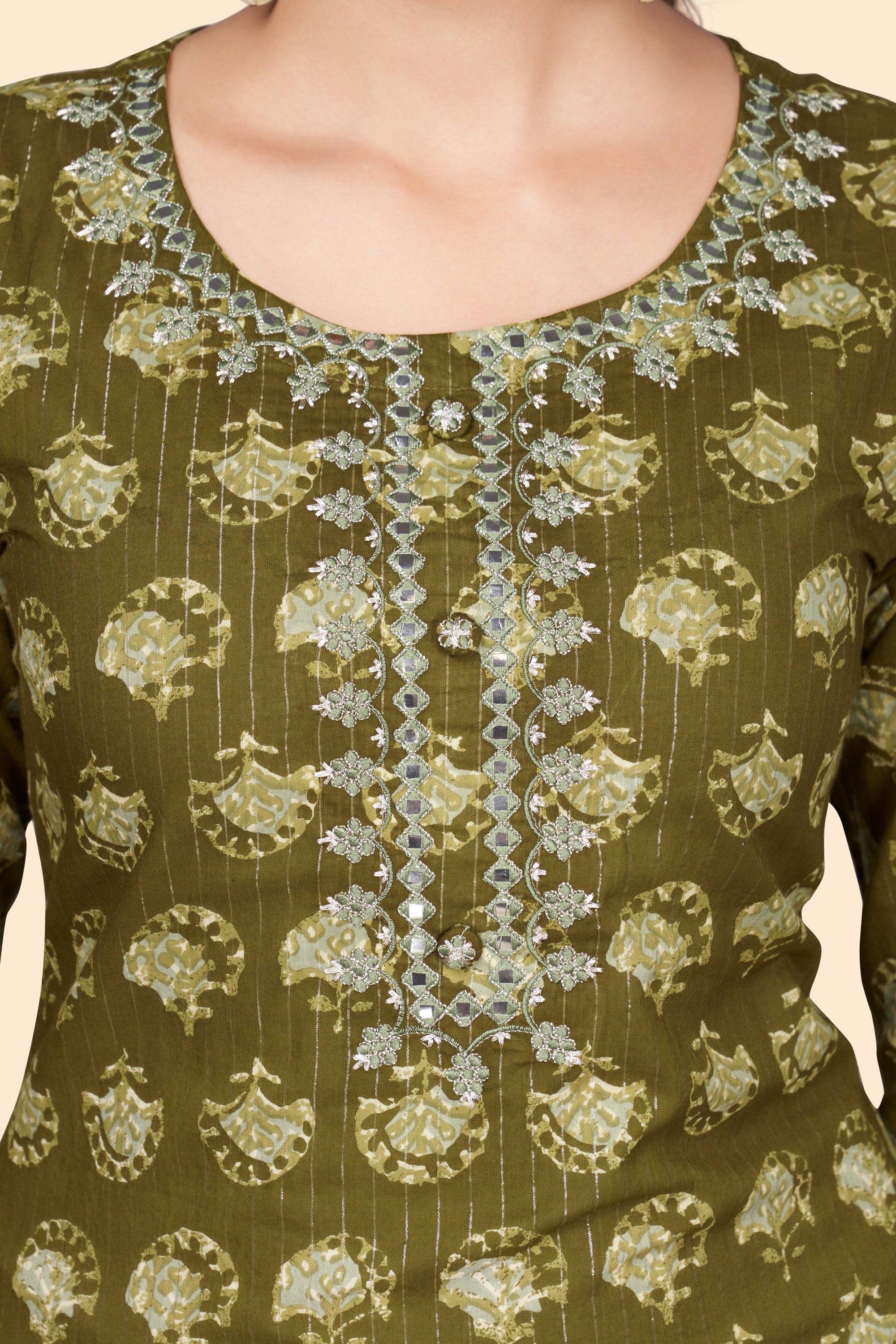 Women's Print & Embroidered Straight Cotton Mahendi Green Stitched Kurta - Vbuyz