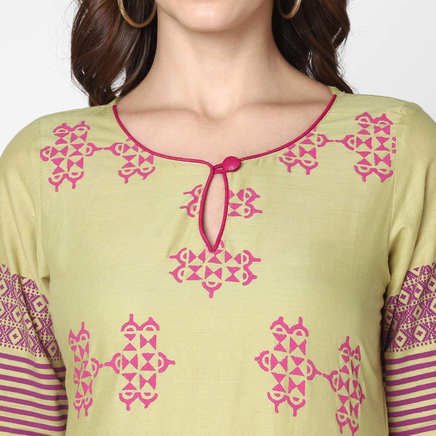 Women's Khaki 100% Cotton Hand Block Print Straight Kurta Only - Cheera