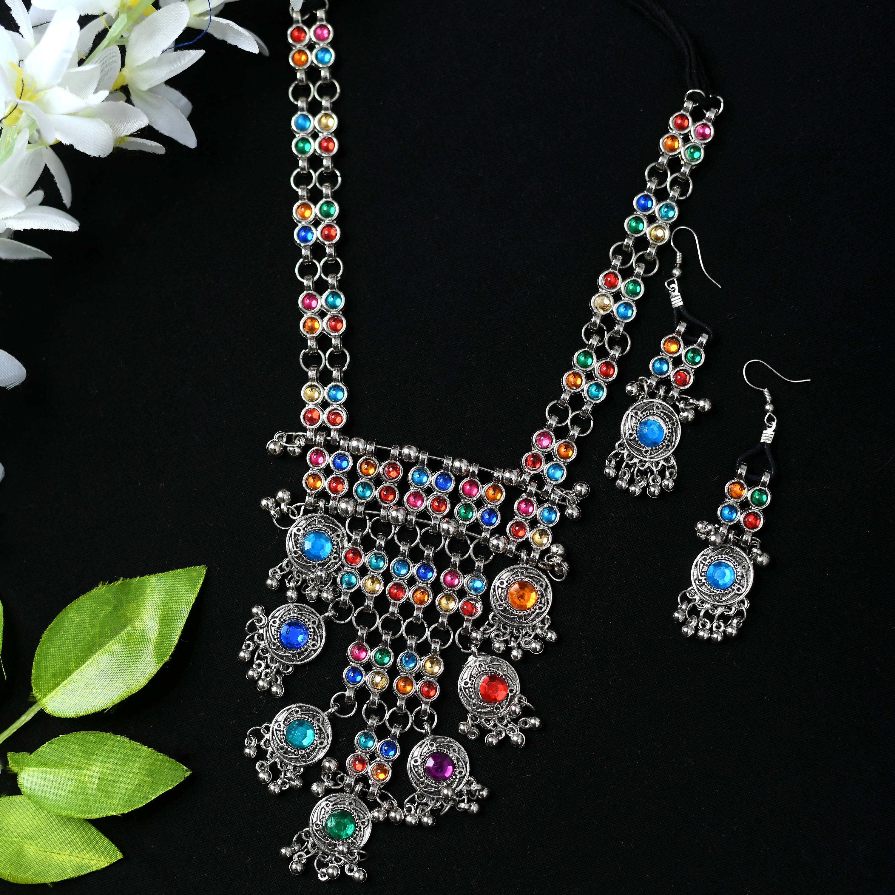 Kamal Johar Silver-Plated Multi Color Kundan Necklace with Earrings Jkms_109