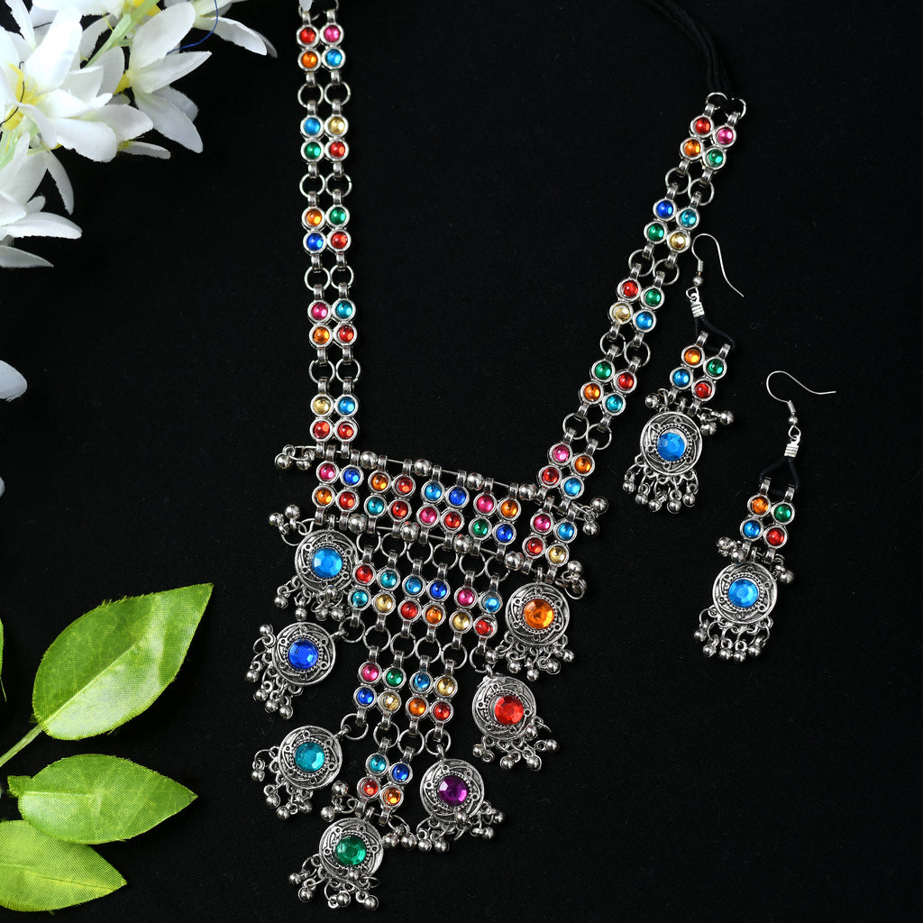 Kamal Johar Silver-Plated Multi Color Kundan Necklace with Ear
