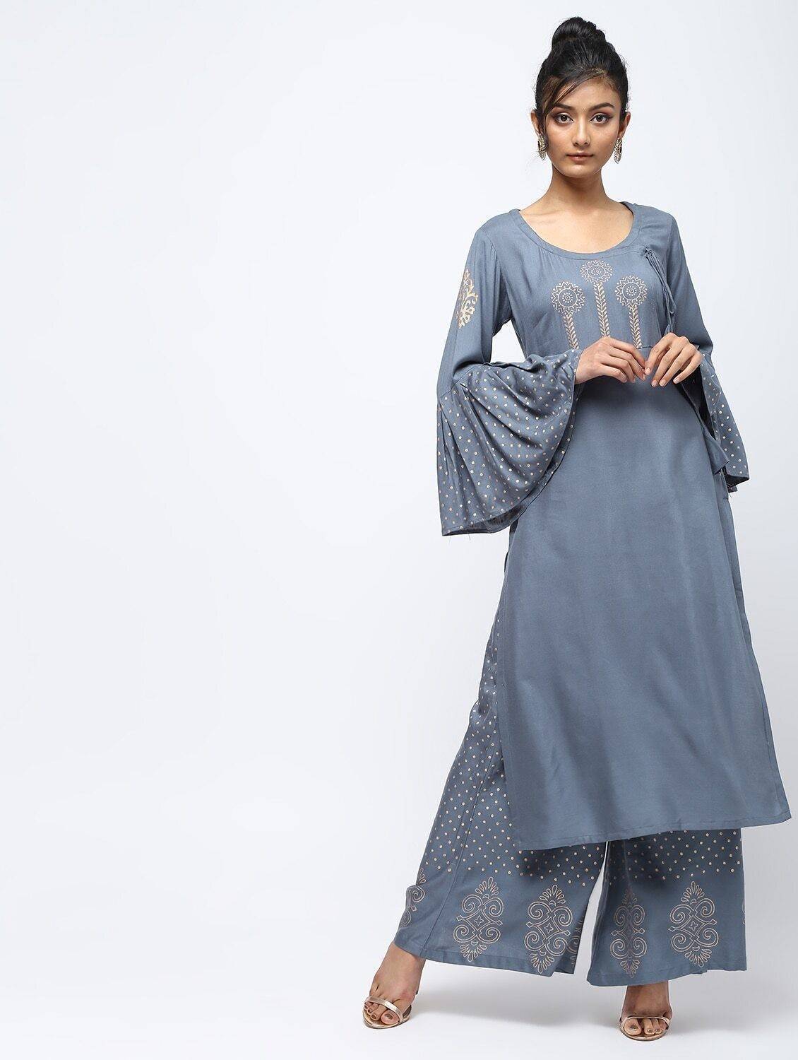 Women's Grey Straight Kurta Only With Bell Sleeve Design - Cheera