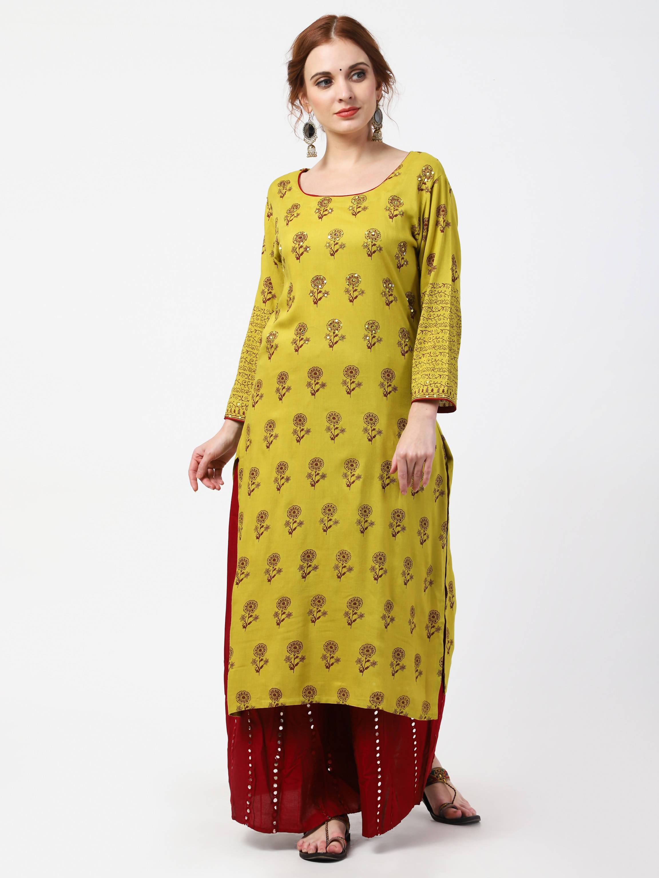 Women's Olive Yellow Rayon Straight Printed Kurta Only With Sequin Work - Cheera