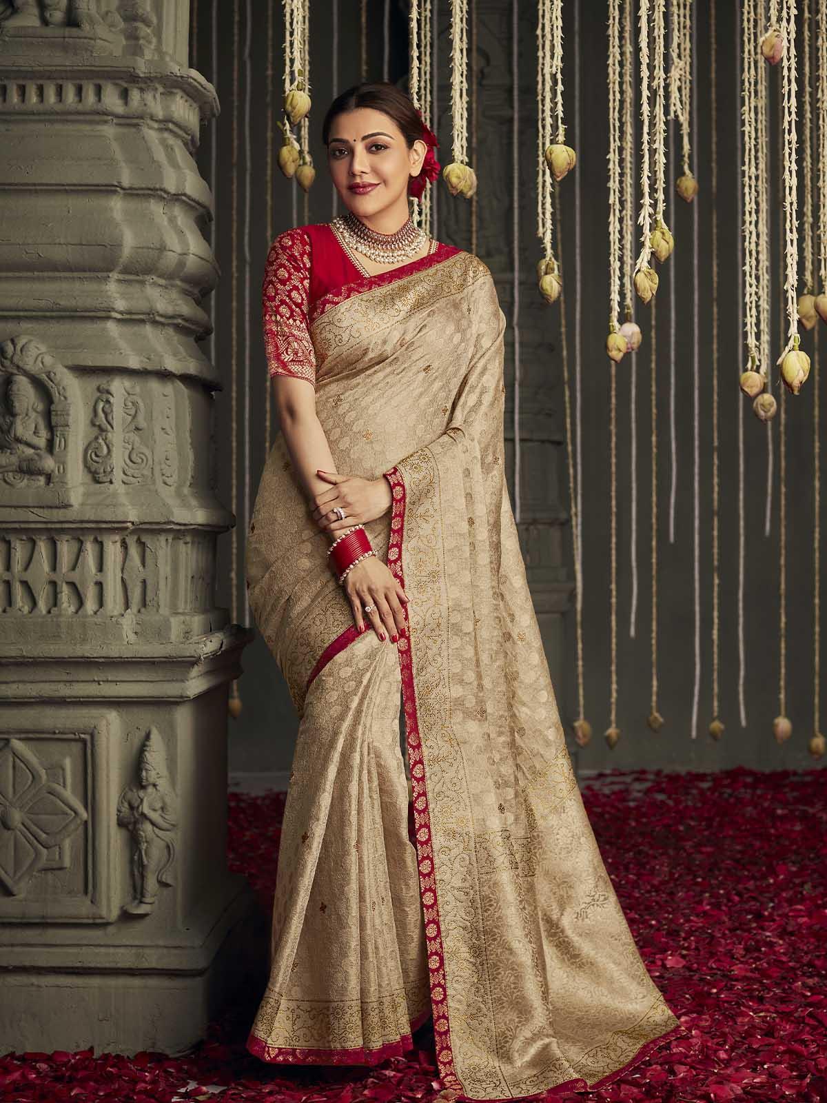 Women's Tan Colored Silk Woven Design Saree With Blouse - Odette