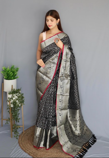 Women's Banarasi Soft Silk Checks Woven Saree Black - Tasarika