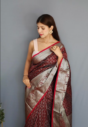 Women's Banarasi Soft Silk Checks Woven Saree Brown - Tasarika