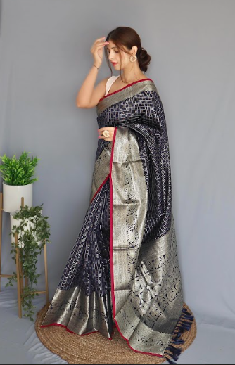 Women's Banarasi Soft Silk Checks Woven Saree Navy Blue - Tasarika