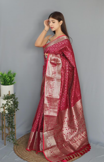 Women's Banarasi Soft Silk Checks Woven Saree Pink - Tasarika