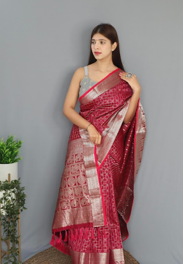 Women's Banarasi Soft Silk Checks Woven Saree Pink - Tasarika