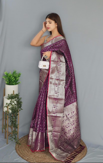 Women's Banarasi Soft Silk Checks Woven Saree Purple - Tasarika