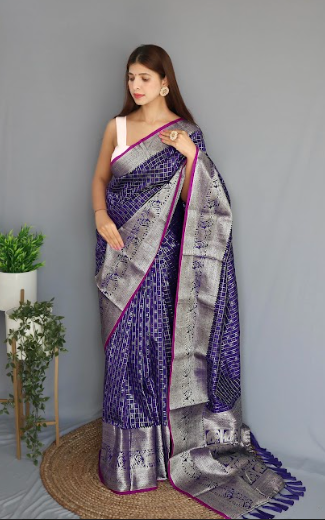 Women's Banarasi Soft Silk Checks Woven Saree Violet Blue - Tasarika