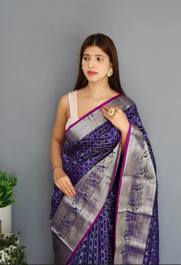 Women's Banarasi Soft Silk Checks Woven Saree Violet Blue - Tasarika
