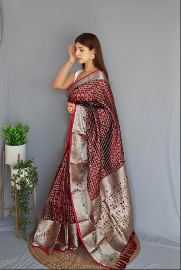 Women's Banarasi Soft Silk Checks Woven Saree Brown - Tasarika