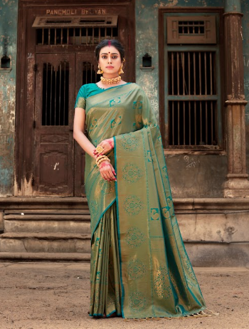 Women's Pure Kanjeevaram Silk Woven Saree Rama Green - Tasarika