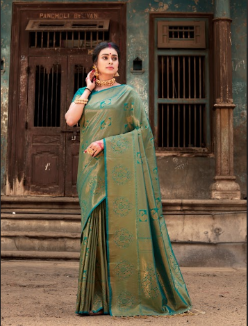 Women's Pure Kanjeevaram Silk Woven Saree Rama Green - Tasarika