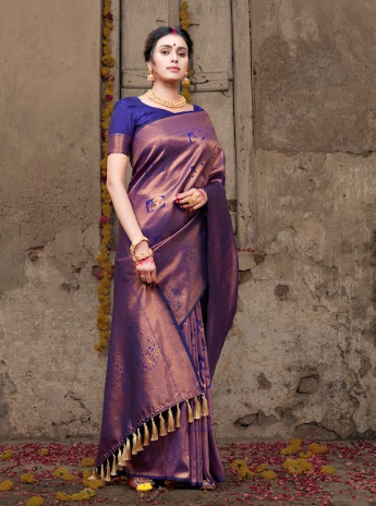 Women's Pure Kanjeevaram Silk Woven Saree Violet Blue - Tasarika