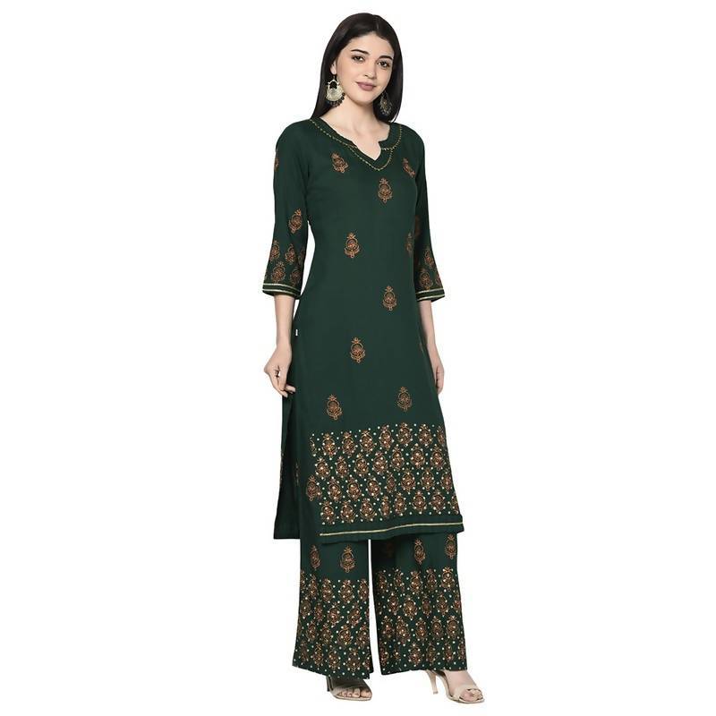 Women's Bottle Green Rayon Block print straight kurta Palazzo set