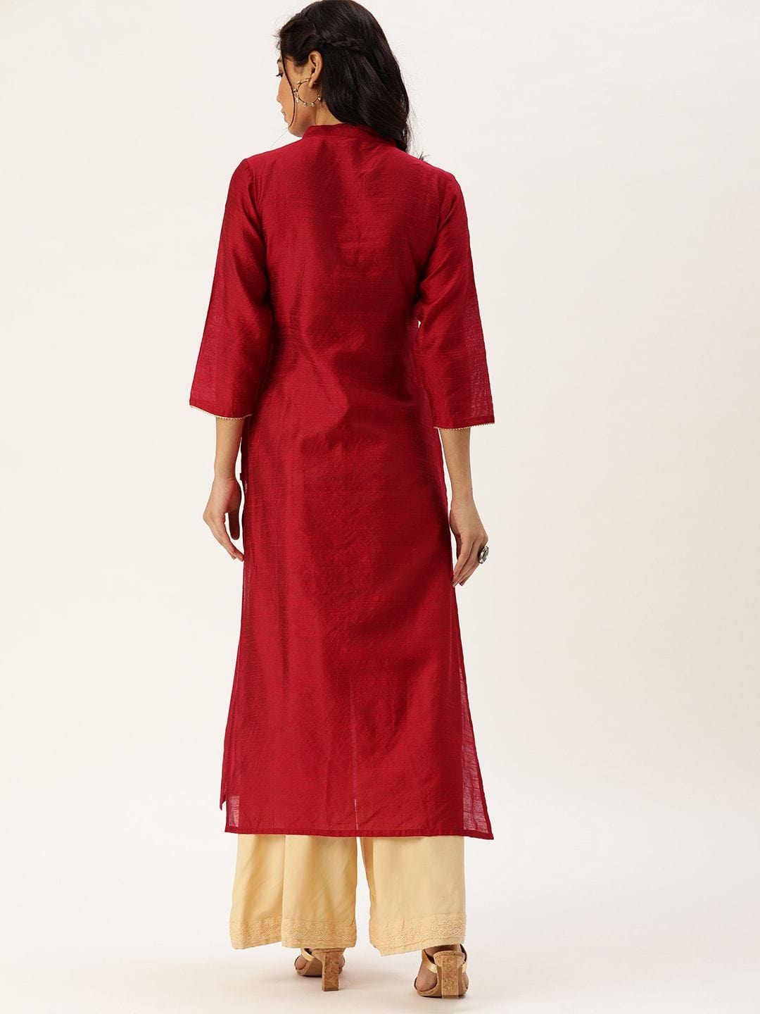 Women's Red & Gold-Toned Embroidered Straight Kurta - Varanga