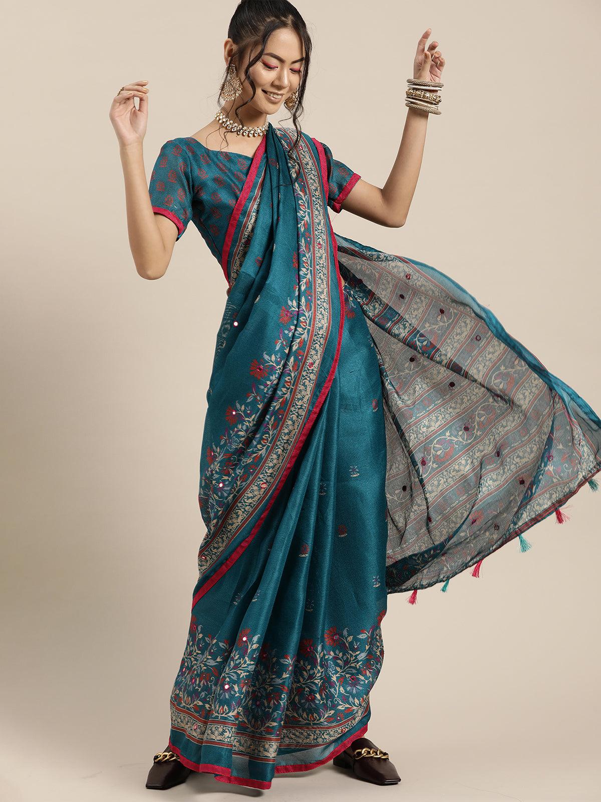 Women's Teal Blue Casual Jute Silk Printed Saree With Unstitched Blouse - Odette