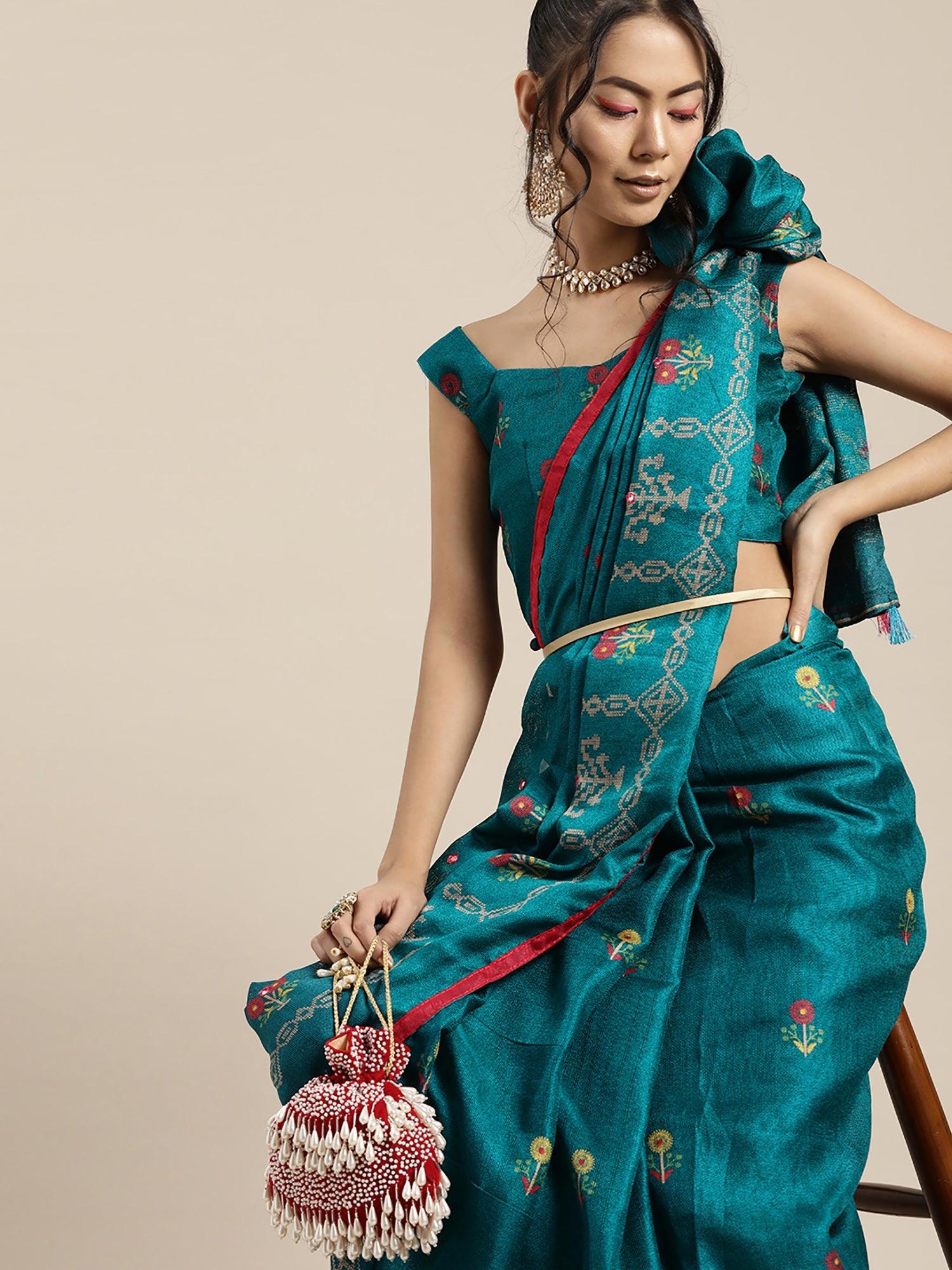 Women's Teal Blue Casual Jute Silk Printed Saree With Unstitched Blouse - Odette