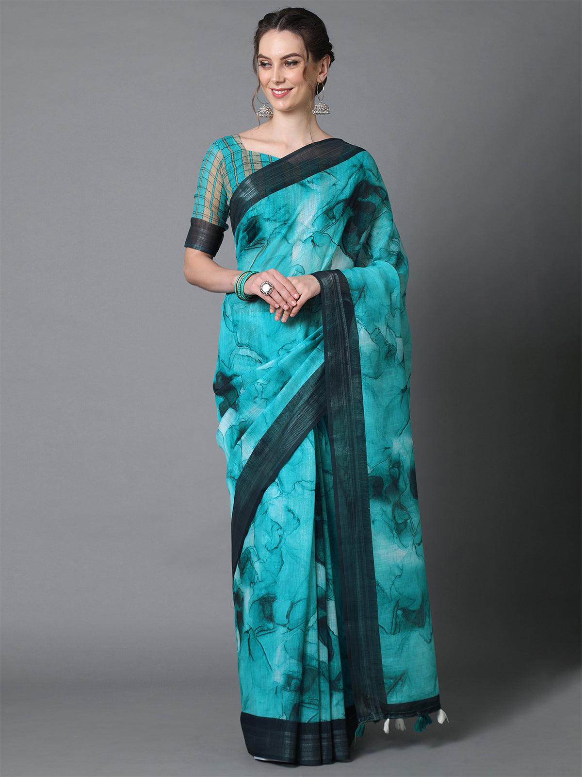Women's Teal Blue Casual Linen Printed Saree With Unstitched Blouse - Odette