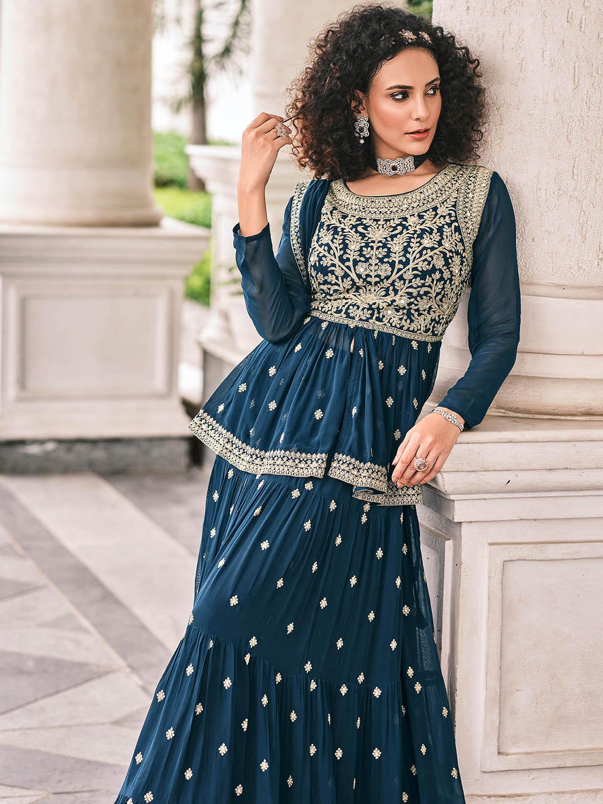 Women's Teal Blue Color Viscose Georgette Designer Sharara Suit - Odette