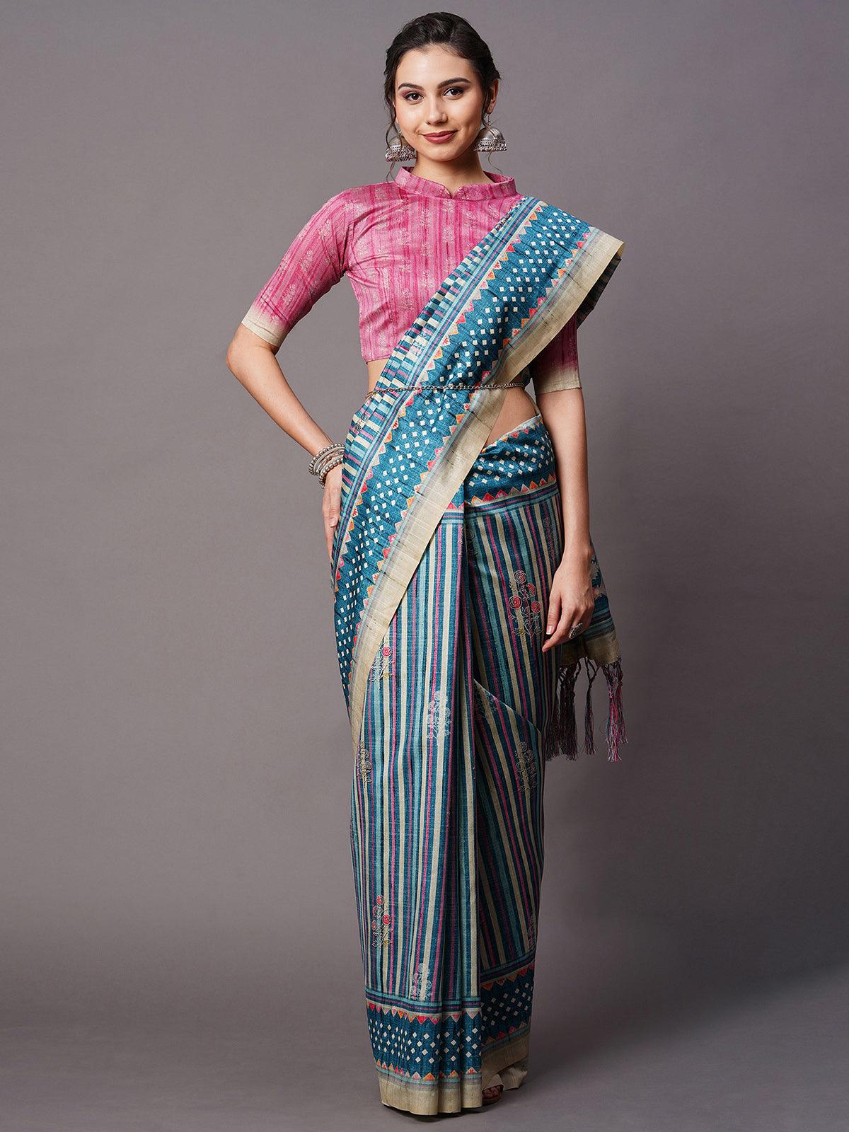 Women's Teal Blue Festive Bhagalpuri Silk Printed Saree With Unstitched Blouse - Odette
