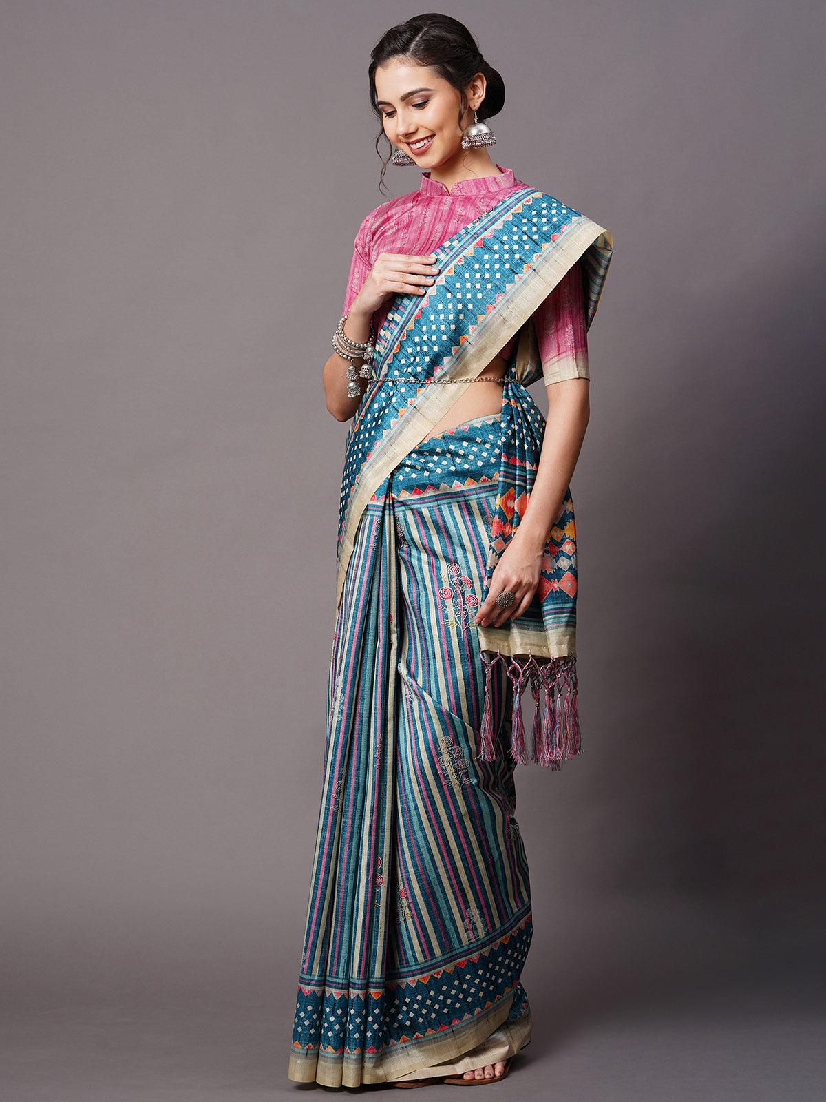 Women's Teal Blue Festive Bhagalpuri Silk Printed Saree With Unstitched Blouse - Odette