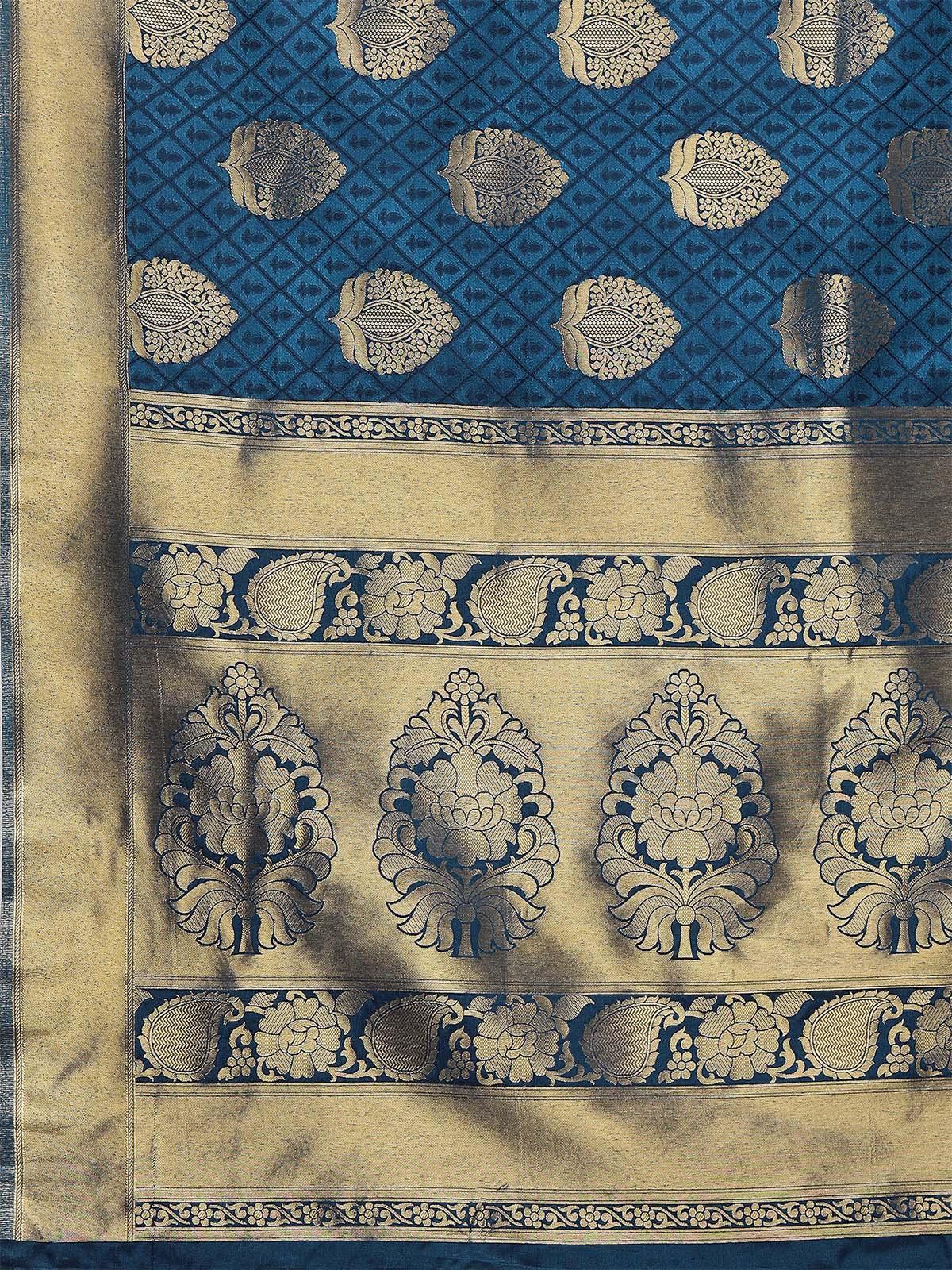 Women's Teal Blue Festive Kanjivaram Silk Woven Design Saree With Unstitched Blouse - Odette