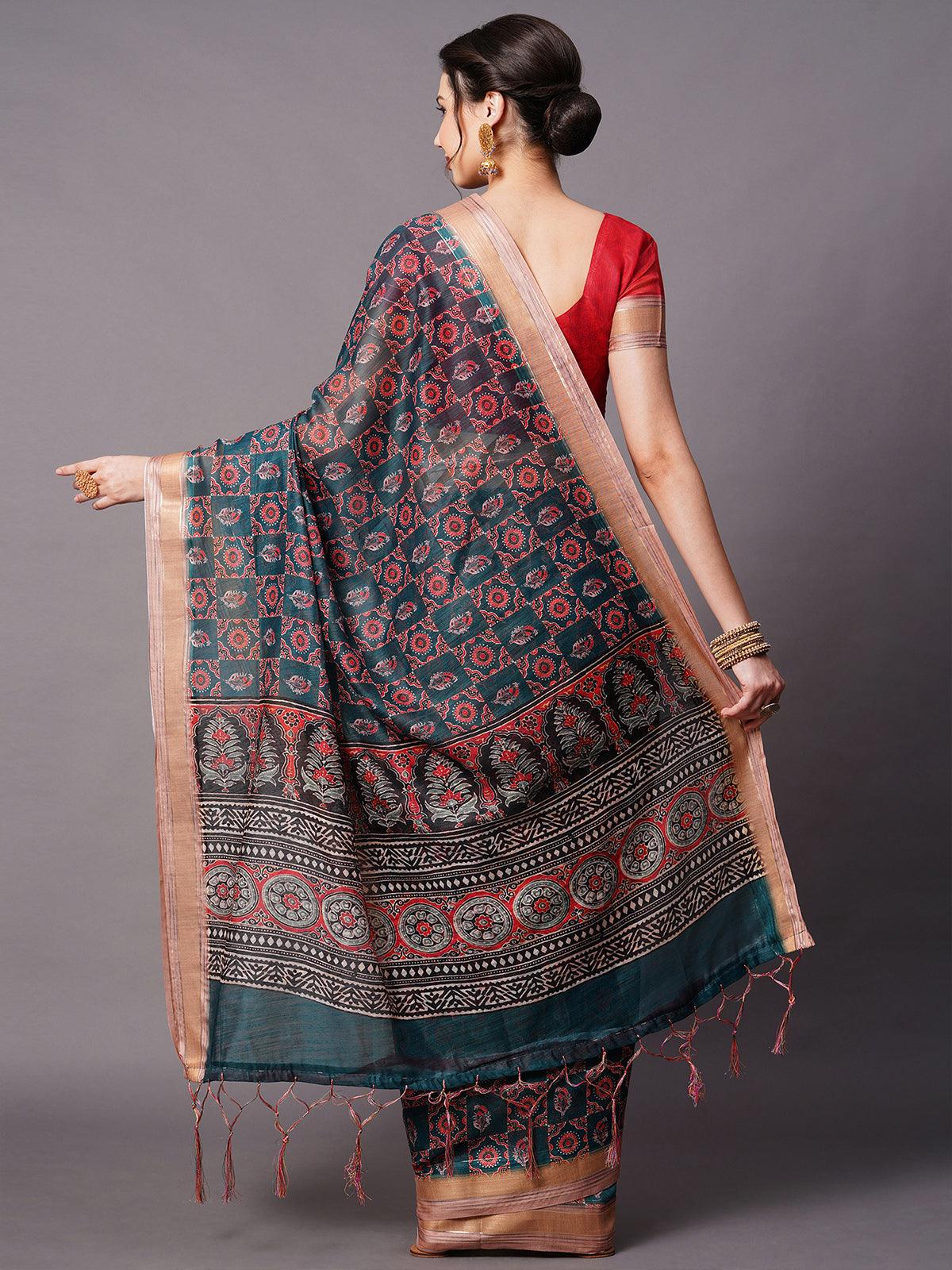 Women's Teal Blue Festive Linen Blend Printed Saree With Unstitched Blouse - Odette