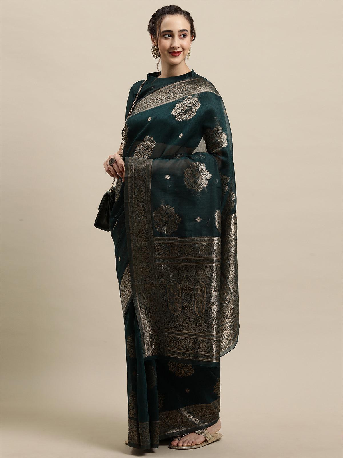 Women's Teal Blue Festive Linen Woven Design Saree With Unstitched Blouse - Odette