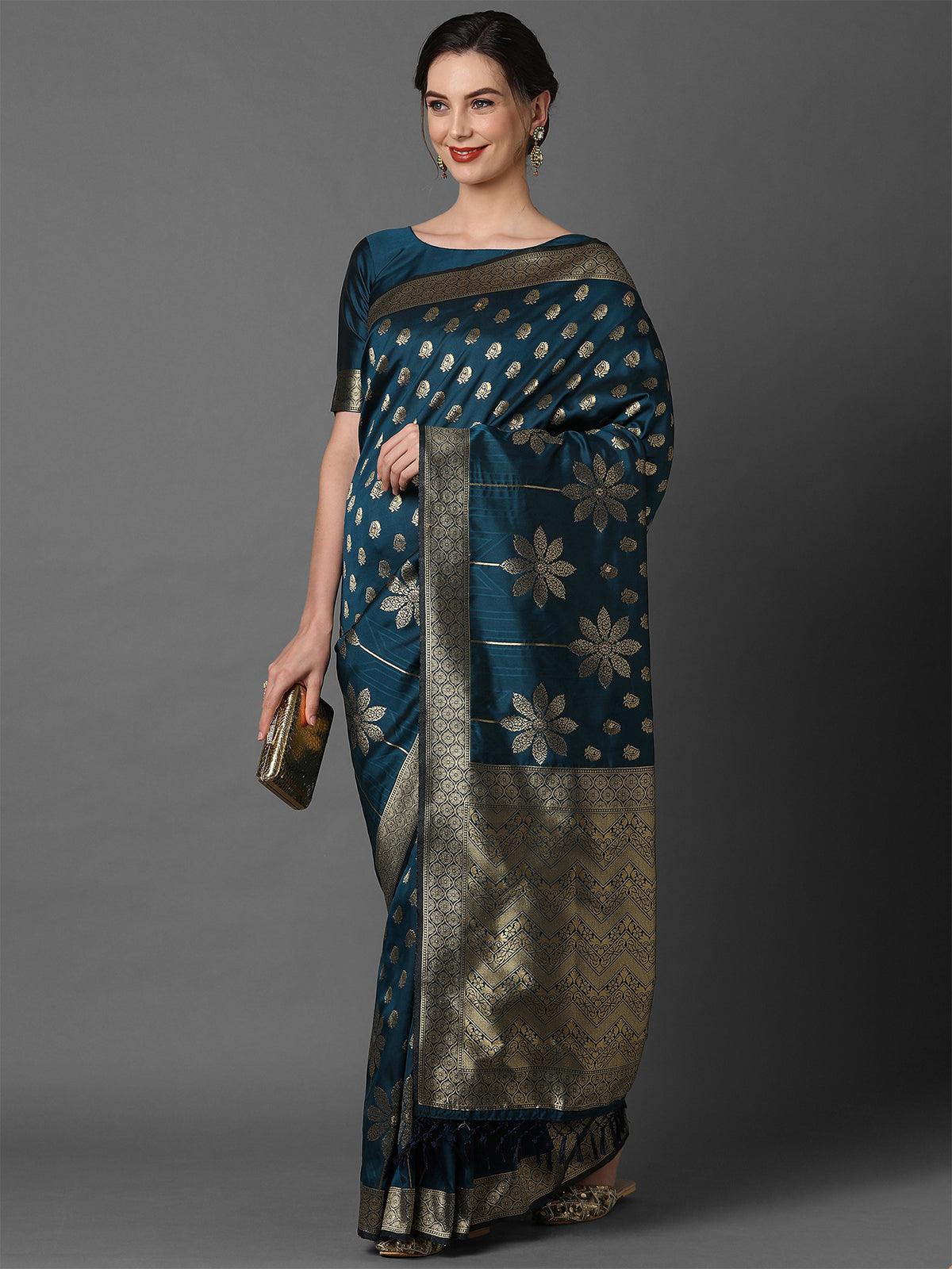 Women's Teal Blue Festive Silk Blend Woven Design Saree With Unstitched Blouse - Odette
