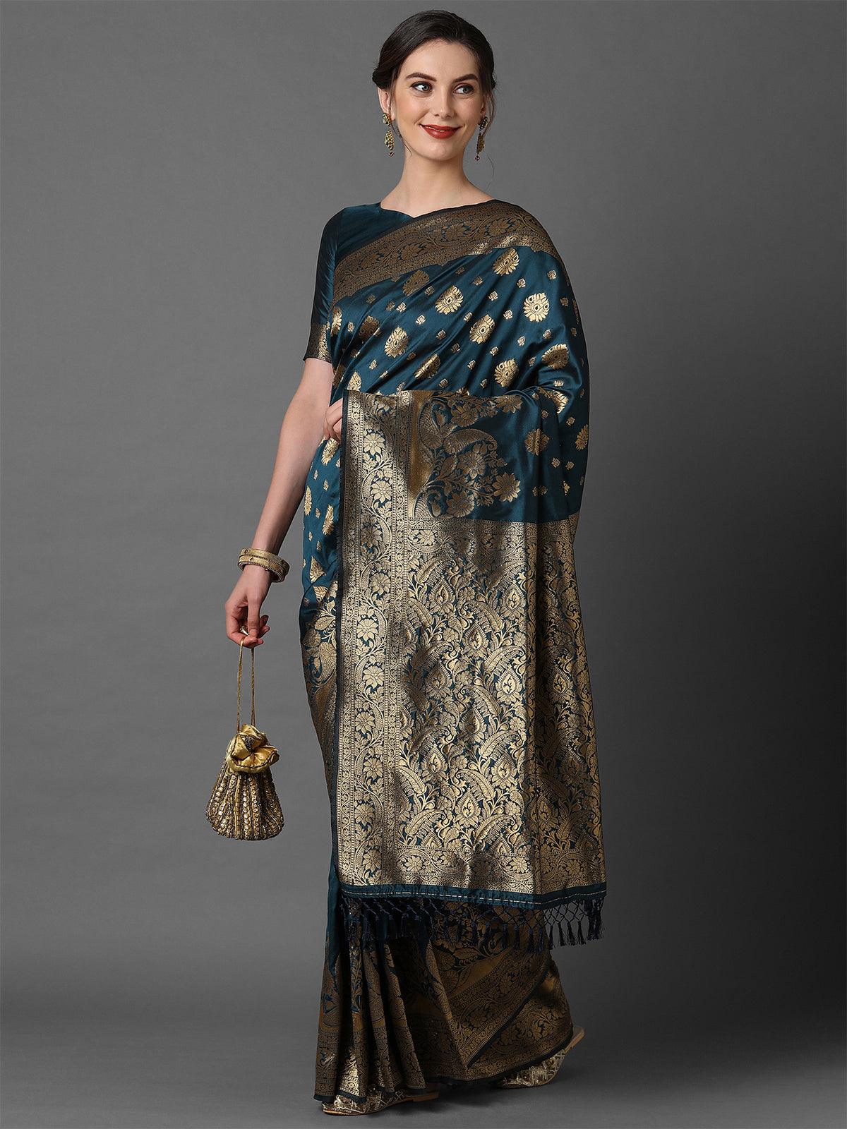 Women's Teal Blue Festive Silk Blend Woven Design Saree With Unstitched Blouse - Odette