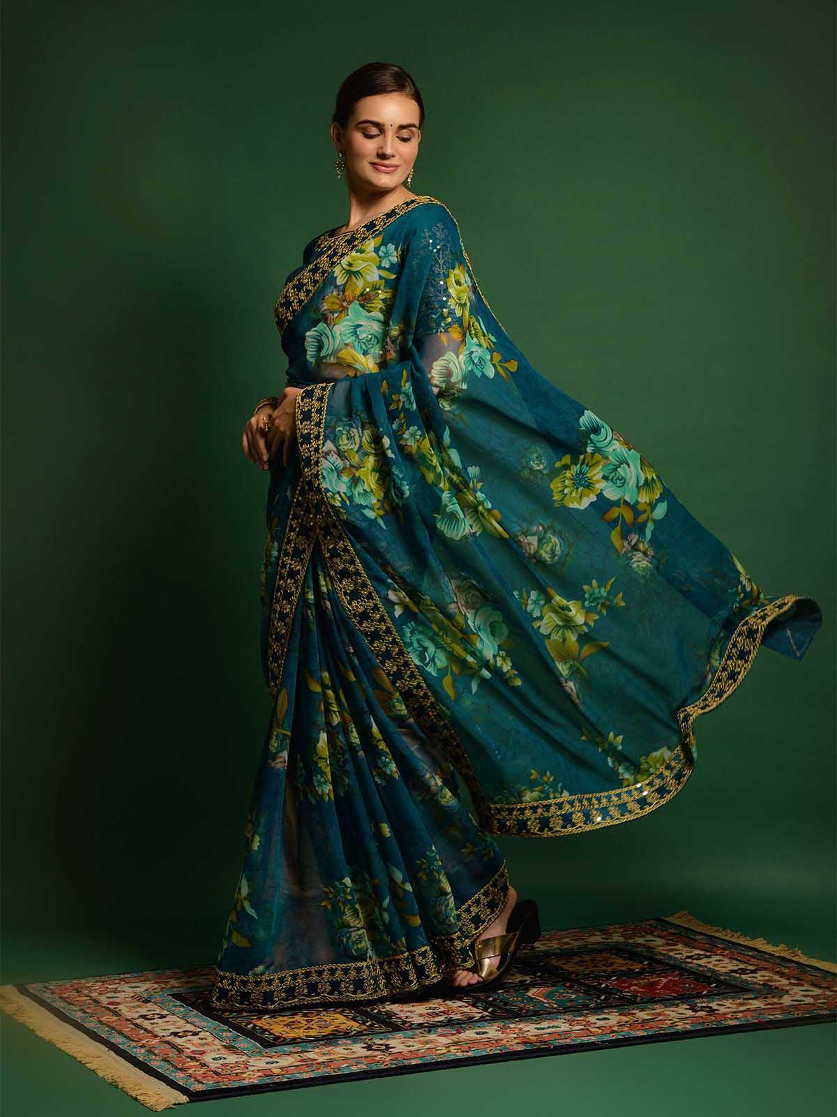 Women's Teal Blue Georgette Embroidery Saree With Blouse - Odette