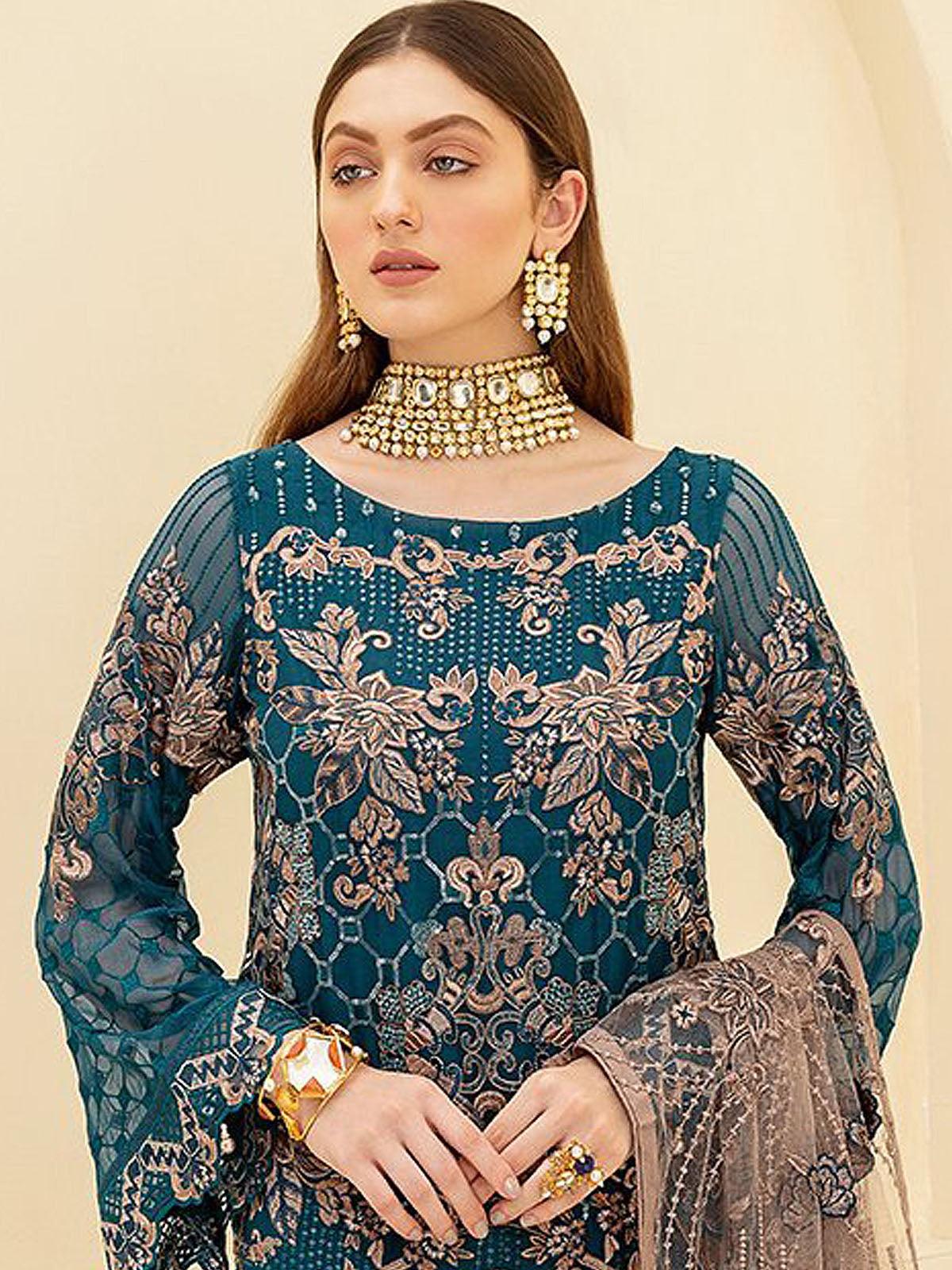 Women's Teal Blue Heavy Embroidered Salwas Suit Sets - Odette