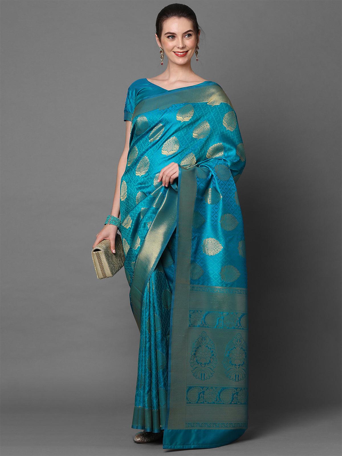 Women's Teal Blue Party Wear Kanjivaram Silk Woven Design Saree With Unstitched Blouse - Odette